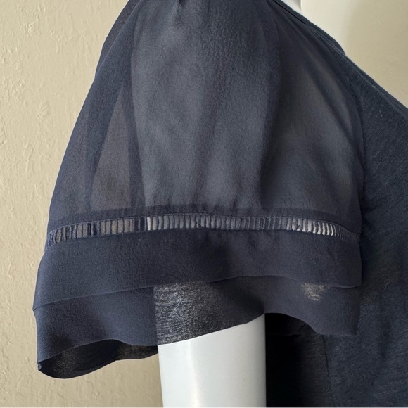 REBECCA TAYLOR Navy Sheer Flutter Sleeve Knit Top Silk and Linen Size Large - Picture 8 of 16